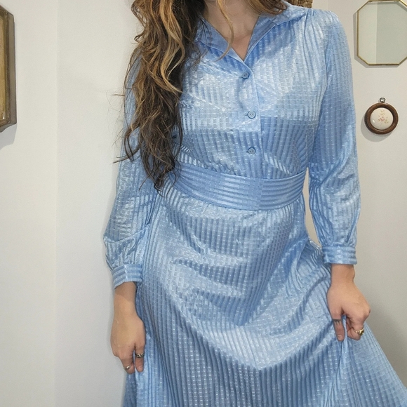 True Vintage 50s 60s Baby Blue Ribbon Dress Collared Swing Womens 10* Button - Picture 9 of 9